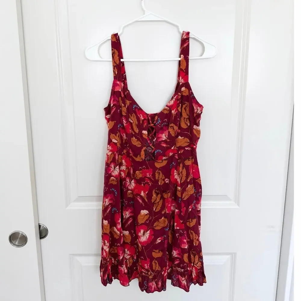 Free People Intimately Free Lattice Lovers Floral Mini Dress Red Medium - Picture 2 of 5